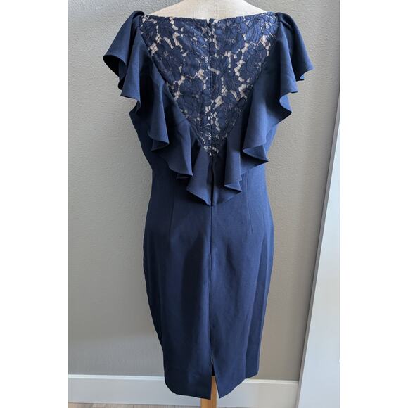 Womens Eliza J Ruffle Top Sleeveless Lace Insert Knee Length Sheath Navy Blue 12 - Picture 3 of 5